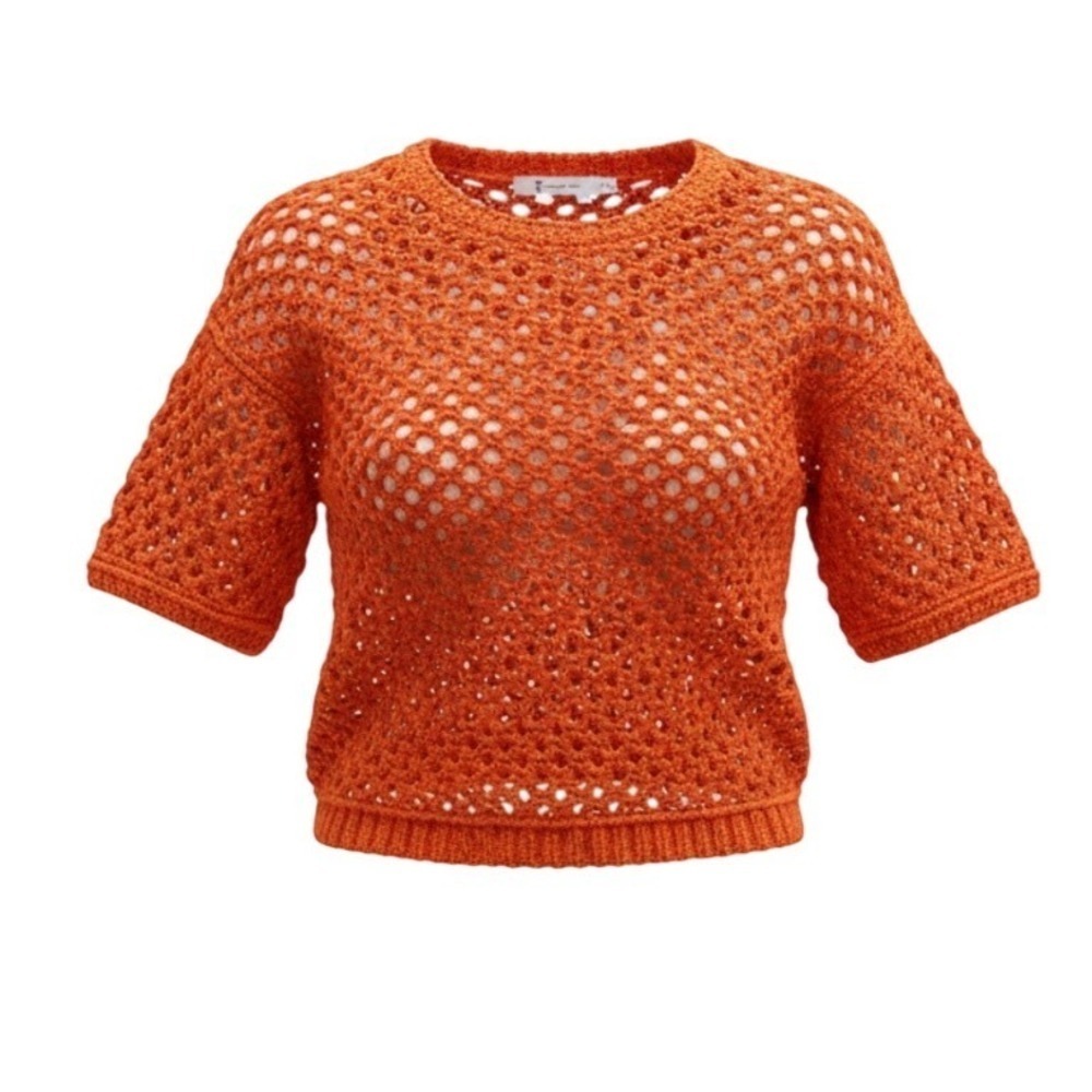 T by Alexander Wang Orange Open Knit Crochet Short Sleeve Crop Sweater Medium